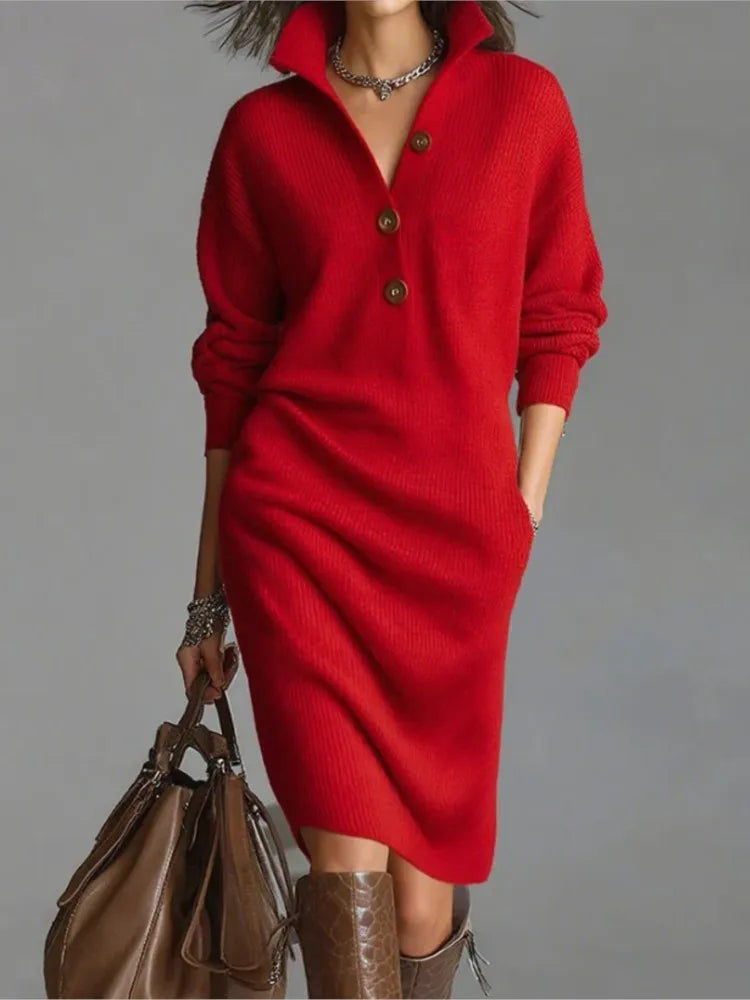 Moda outono de malha botão lapela vestido feminino casual bolso solto preguiçoso em linha reta sobre o joelho manga longa camisola femaledress