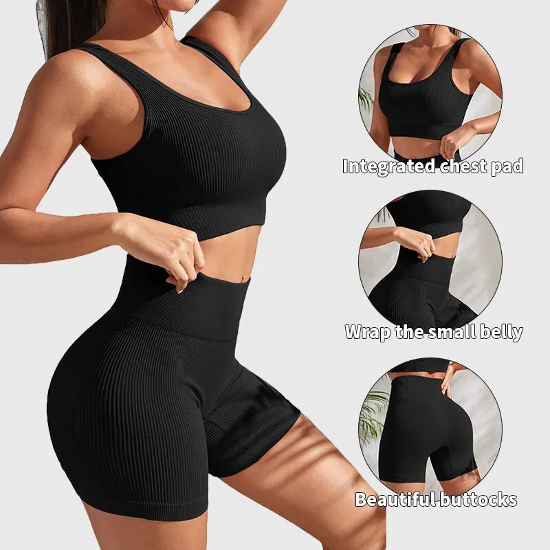 Conjunto Feminino Sem Costura de Treino Academia – Shorts e Top em Poliéster e Elastano