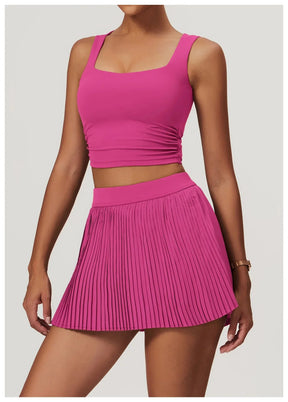 Conjunto Feminino Rose – Shorts Saia Plissado e Cropped em Poliéster e Elastano