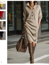 Moda outono de malha botão lapela vestido feminino casual bolso solto preguiçoso em linha reta sobre o joelho manga longa camisola femaledress