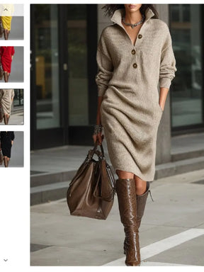 Moda outono de malha botão lapela vestido feminino casual bolso solto preguiçoso em linha reta sobre o joelho manga longa camisola femaledress