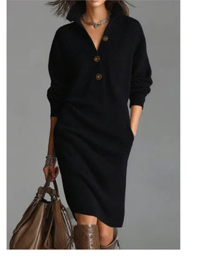 Moda outono de malha botão lapela vestido feminino casual bolso solto preguiçoso em linha reta sobre o joelho manga longa camisola femaledress