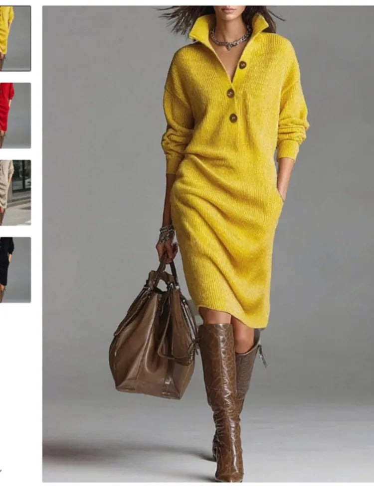 Moda outono de malha botão lapela vestido feminino casual bolso solto preguiçoso em linha reta sobre o joelho manga longa camisola femaledress