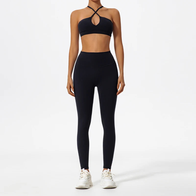 Conjunto Feminino de Treino com Top Cruzado e Legging em Poliamida – Pietra