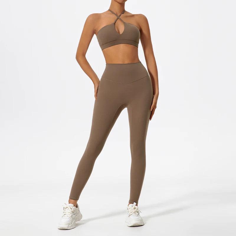 Conjunto Feminino de Treino com Top Cruzado e Legging em Poliamida – Pietra
